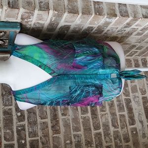 Bebe Tropical Peacock Sheer Frint Tie Blouse